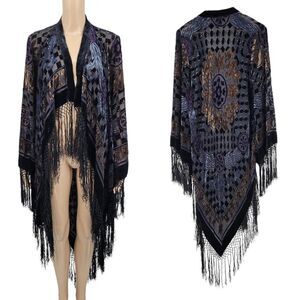 Boston Proper Silk Velvet Burnout Kimono Duster Fringe Longline Maxi Length